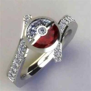 POKÉMON POKE-BALL RING SPARKLING RED ZIRCON & SILVER PLATED BAND Size 5 6 7 8 9 - Picture 1 of 4