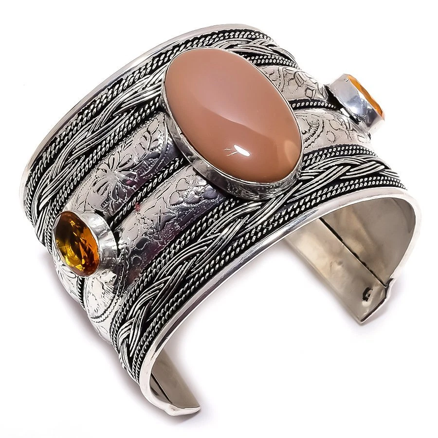 Mookaite, Honey Topaz Gemstone 925 Silver Cuff Bracelet Adjustable R-818 - Image 1 of 1