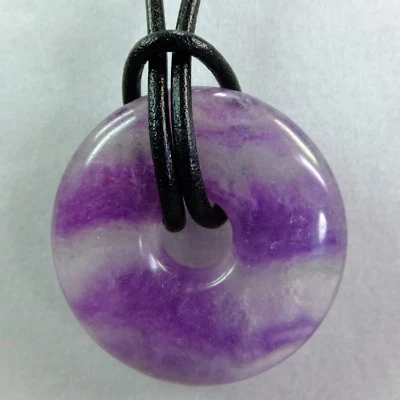 Striped Purple Fluorite 1 1/4" Polished Stone Donut Leather Cord Necklace #10 - Image 1 of 3