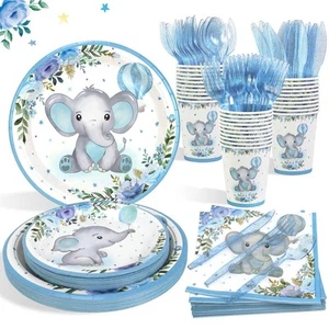 175Pcs Baby Boy Shower Decorations Plates Set for 25 Guests, Elephant Baby Sh... - Picture 1 of 6