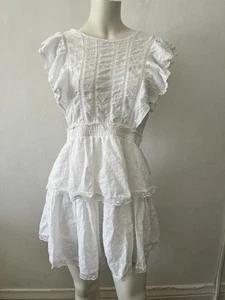 Forever 21 White Eyelet Ruffle Sleeve Midi Dress Large Bubble Dot Cotton Tiered - Picture 1 of 10