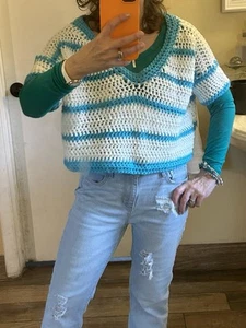 A White And Blue Cardigan V Neck Mid Sleeves 100% Handmade - Picture 1 of 2