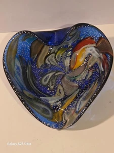 Large Murano Glass Tutti Frutti MCM Heart Shape Bowl 1950s Cobalt Blue Base - Picture 1 of 5