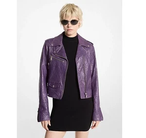 Sexy Chaqueta Moto Michael Kors Cuero Arrugado Recortada Iris Oscuro Púrpura Talla M NUEVA - Imagen 1 de 2