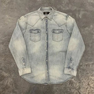 RRL Ralph Lauren Denim Shirt XL Pearl Snap Western Blue Faded Long Sleeve Men - Picture 1 of 10