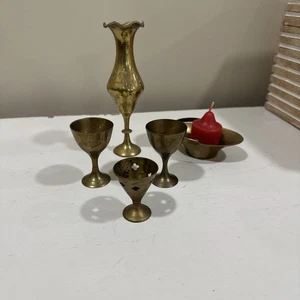 Vintage Brass 5pc Lot Of Home Decor Chalice Vase Basket Set India - Picture 1 of 17