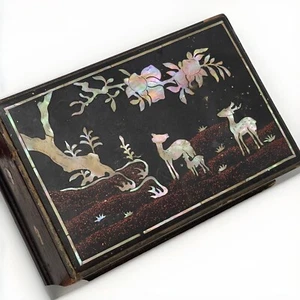 Antique Japanese Wood Box Mother of Pearl Painted Ornamented Deer Floral 5.5x3.5 - Picture 1 of 16