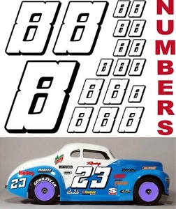 WHITE w/Black (#8's) Racing Numbers Decal Sticker Sheet 1/8-1/10-1/12 MUGEN HPI - Picture 1 of 4
