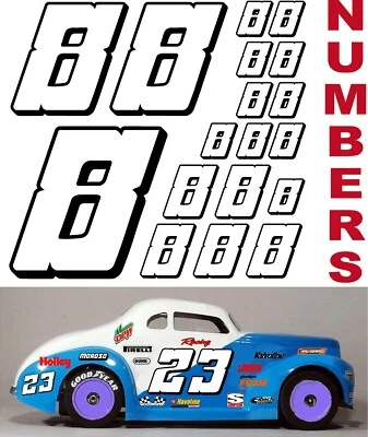 WHITE w/Black (#8's) Racing Numbers Decal Sticker Sheet 1/8-1/10-1/12 MUGEN HPI - Image 1 of 4