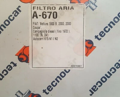 Fiat 1800 / 2100 / 2300   Air Filter element. Technocar A-670 Foto 1 de 2