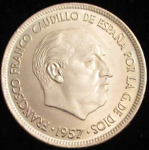 SPAIN, FRANCO-4, 25 PESETAS 1957*70, FROM MINT SET 1970, LUSTER, UNCIRCULATED. - Picture 1 of 2