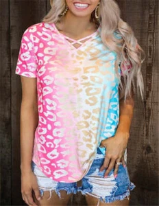 Rainbow gradient V-neck shirt women casual tops - Picture 1 of 15