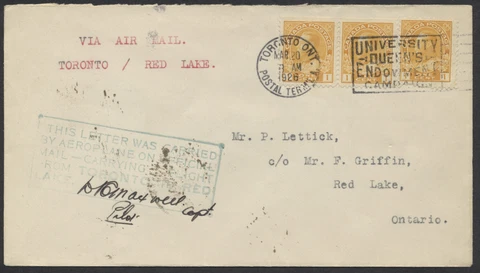 1926 AAMC #2601 Toronto to Red Lake Ont Flight Cover, Pilot Signed Cover