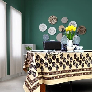 Hand Block Print Cotton Floral Tablecloth Round, Rectangular, Square Beige Gold - Picture 1 of 20