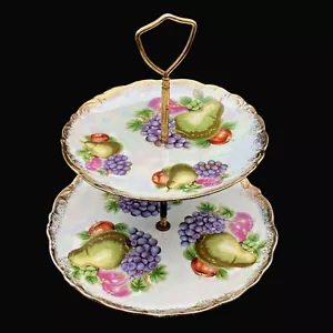 Vtg Ceramic Two Tier 9" Tidbit Serving Dessert Tray Midcentury Fruit Gold Trim - Picture 1 of 12