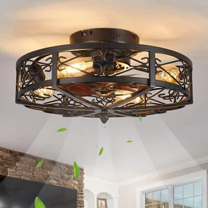 20" Caged Farmhouse Flush Mount Ceiling Fan with Light and Remote Control Bla... - Picture 1 of 9