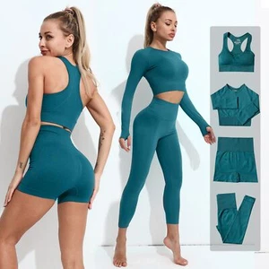2/3/4PCS Seamless Women Yoga Set Workout Sportswear Fitness Long Sleeve Crop Top - Picture 1 of 49