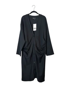 Zara Ruched Cardigan Jacket Button Up Oversized Lagenlook Size Small Black NWT - Picture 1 of 7