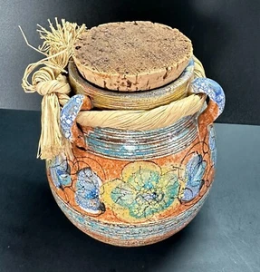 Portugal Pottery Hand Painted Terracotta Urn Crock Cork Lid Limaica Redware - Picture 1 of 7