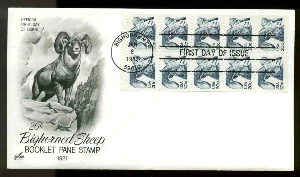 1949a BOOKLET PANE of 10 BIG HORN SHEEP FDC BIG HORN, MT ARTCRAFT CACHET - Image 1 of 1