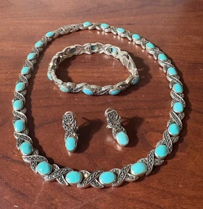 Stunning Vintage Turquoise & Marcasite necklace, Earrings & Bracelet Silver 925 - Picture 1 of 7