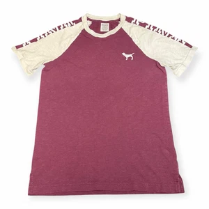PINK VICTORIA’S SECRET Damen T-Shirt Burgund Creme Raglan Hund Logo Größe XS - Bild 1 von 5