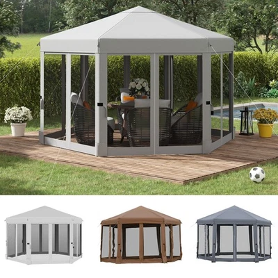OUTSUNNY 3.2m Outdoor Pop Up Gazebo Hexagonal Canopy Tent with Mesh Sidewalls Handy Bag