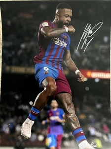 Foto firmada por Memphis Depay Barcelona 16 X 12 - Celebración AFTAL Certificado de Autenticidad Prueba - Imagen 1 de 4