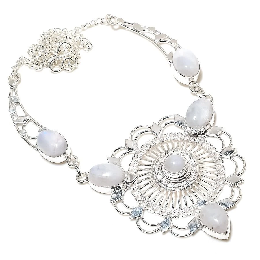 Collar de joyería de plata de ley 925 con piedras preciosas de luna arco iris tamaño 18" Foto 1 de 1