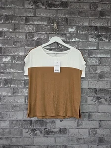 Next Petite Colour-Block-Top UK12P creme camelbraun Kurzarm Jersey neu mit Etikett - Bild 1 von 8