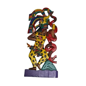 Pannello da parete vintage Maya Azteco in legno intagliato a mano multicolore 22" per 10" - Foto 1 di 3