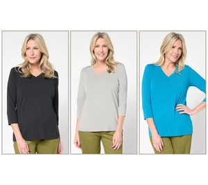 Denim & Co. Essentials So Soft Jersey 3-Pack V-Neck Tops Black Grey Blue XL - Picture 1 of 5