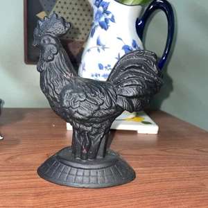 Cast Iron Black Rooster Chicken Bookend Door Stop Etc 6” Tall - Picture 1 of 4