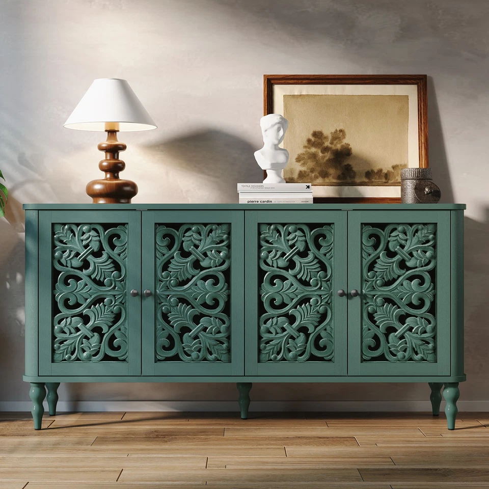 Carved Buffet Cabinet Accent Cabinet with 4 Craft Doors Storage for Living Room - Image 1 of 4