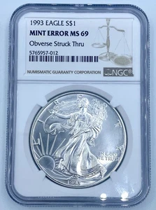 1993Silver Eagles S $1 NGC Mint Error MS-69 Obverse Struck Thru - Picture 1 of 2
