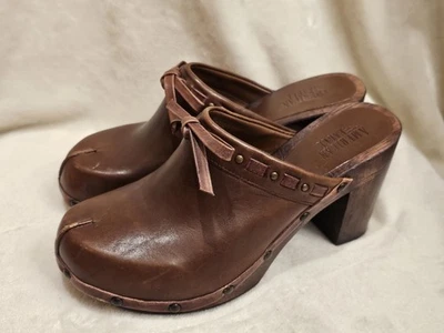 Vtg American Eagle Wood Clogs 8M Brown Sudded Chunky Heels Brazil Leather Y2k - Image 1 of 4