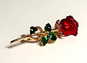 Brooch Rose Flower Gold Metal Enamel Red Green - Picture 1 of 8