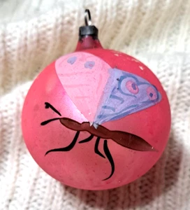 ANTIQUE VTG German Hand Painted Blown glass Ornament pink butterfly unique - Picture 1 of 7