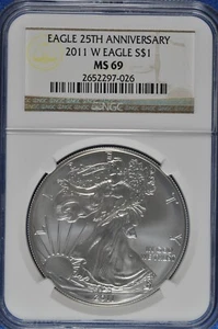 2011 W Burnished 1 OZ Silver American Eagle NGC MS 69 25th Anniversary - Picture 1 of 2