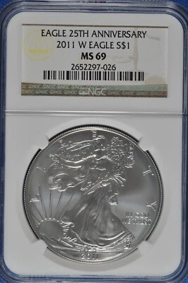 2011 W Burnished 1 OZ Silver American Eagle NGC MS 69 25th Anniversary - Image 1 of 2