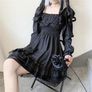 Women Retro Gothic Lolita Cute Dress Girl Ruffle Black Puff Sleeve Dress Cosplay