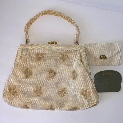Cartera de mano vintage años 50 60 oro blanco con cuentas lumida pequeña cuentas hecha en EE. UU. Foto 1 de 4