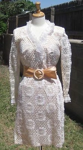 Vintage 60s Dress Cream Crochet Lace Wedding Cocktail Party Oragami Ruffles S - Picture 1 of 5