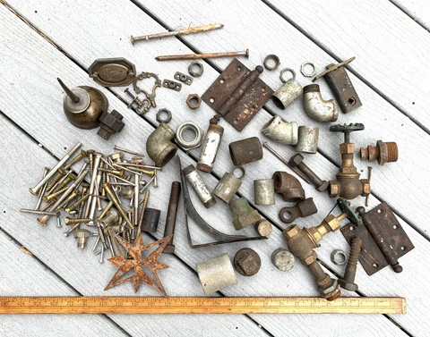 Lot of vintage plumbing parts, oil can, brass faucets, screws, hinges, pipes Cover