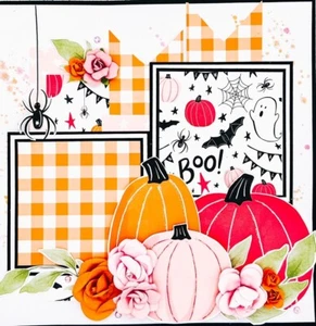 Handmade Pink and Orange Halloween Pumpkin & Spider 12x12 Premade Scrapbook Page - Picture 1 of 3