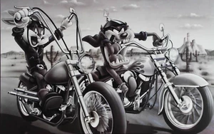 Bugs Bunny and Taz Motorcycles B/W 11.7x16.5 Glossy Photo Poster - Picture 1 of 1