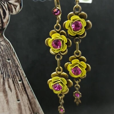 Pendientes Michal Negrin Largos 3" Rosas Gota Amarillo y Fucsia Cristales Esmalte Regalo Foto 1 de 4