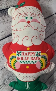Vtg 1970s Cut Sew Fabric Stuffed Pillow Christmas Santa Claus "Happy Holly Days" - Picture 1 of 5