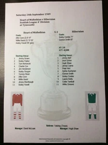 1949-50 Heart of Midlothian v Hibernian Scottish League A’ Division matchsheet - Picture 1 of 1