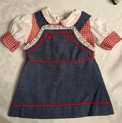 Vintage Peaches And CREAM Denim Look Dress 2t Red Check, Rick Rack Puff Sleeve - Image 1 of 4